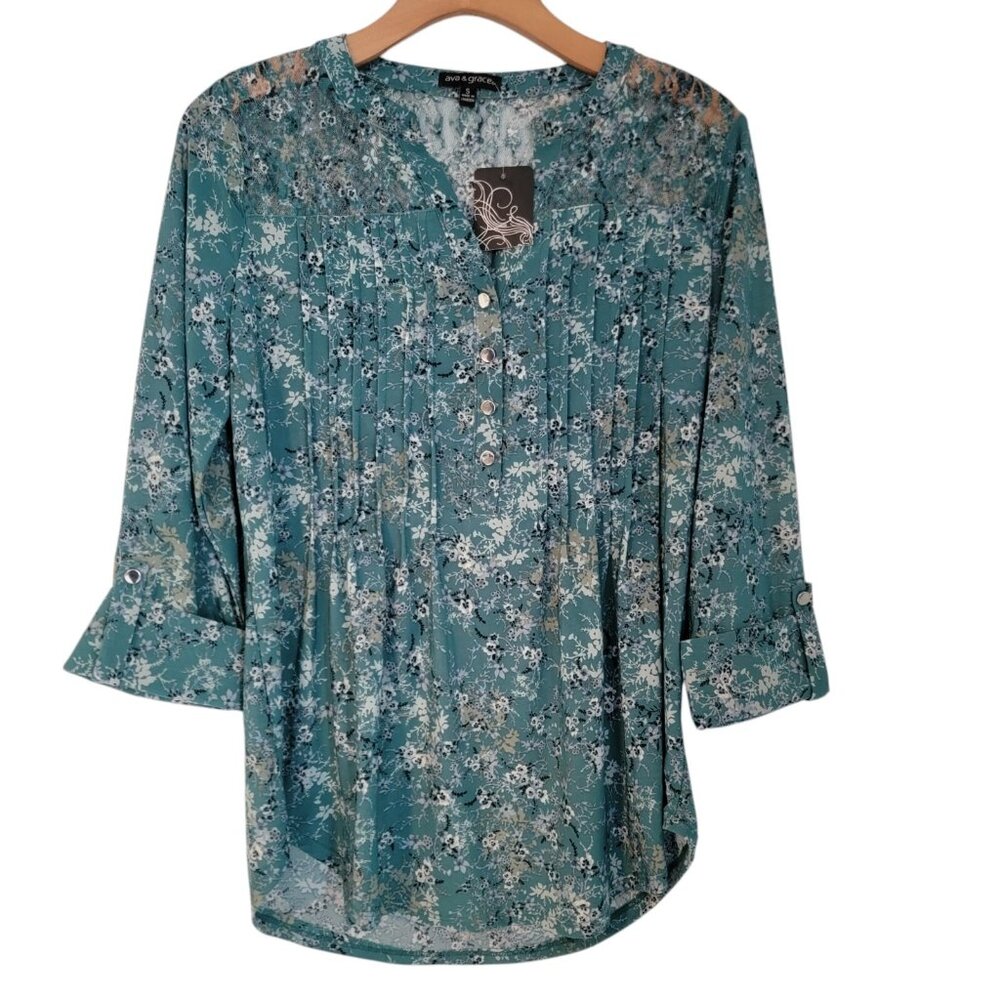 NWT Ava‎ & Grace Top Floral Pleated Mesh Beautiful 3/4 Sleeve Blouse Sz S NEW